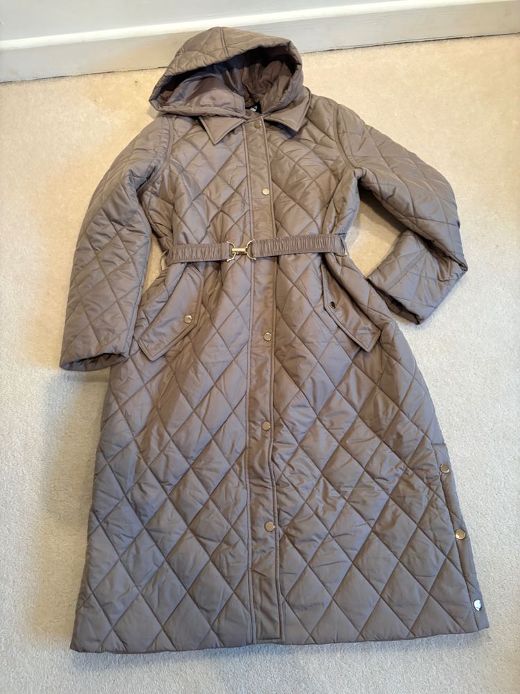 Quilted Long Coat With Hood And Belt