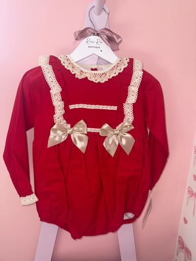 Red Long Sleeve Baby Romper With Lace And Bows