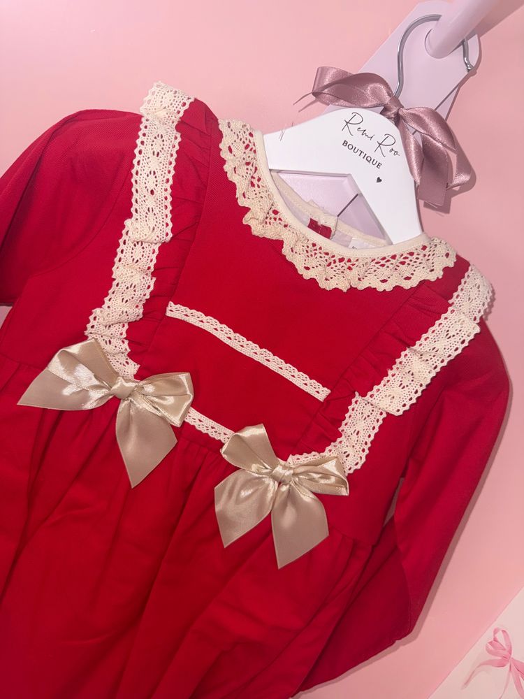 Red Long Sleeve Baby Romper With Lace And Bows image 2