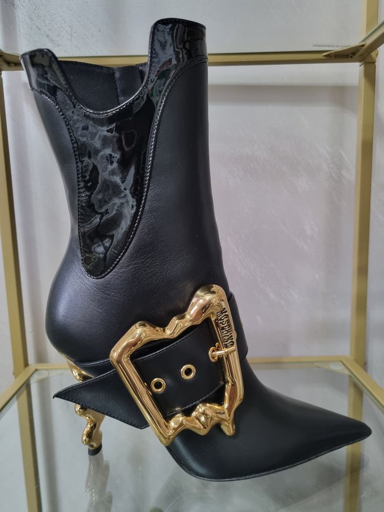Moschino Couture Moschino Couture Black Leather Ankle Boots With Gold Buckle And Heel product image