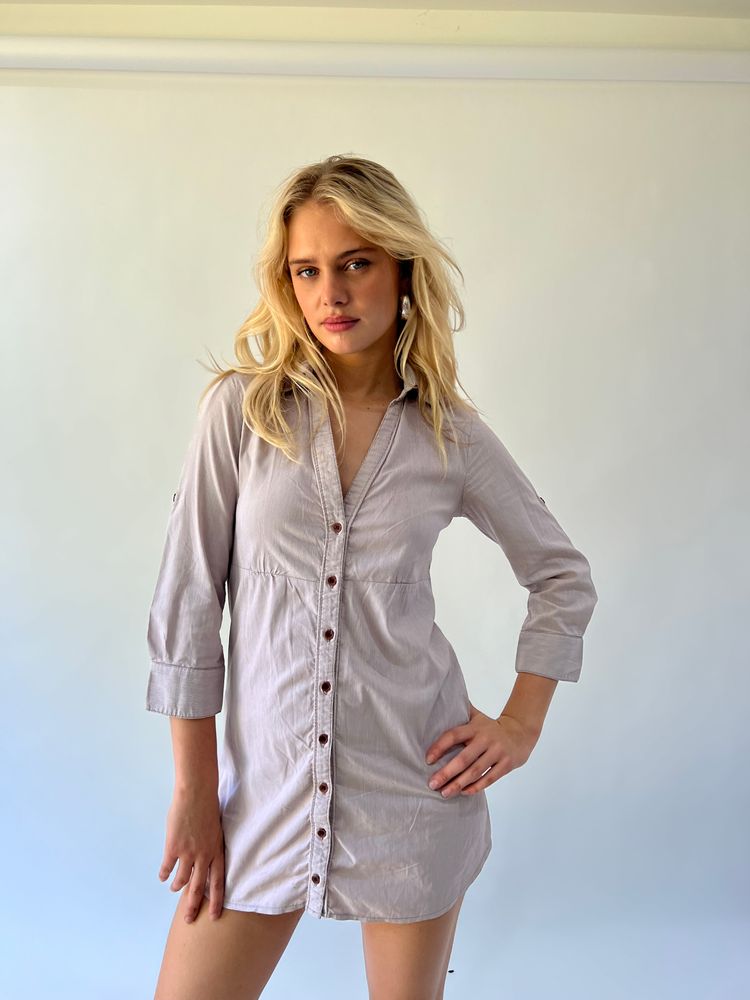 back to school drop | small grey and brown striped tally weijl shirt dress imagen 1