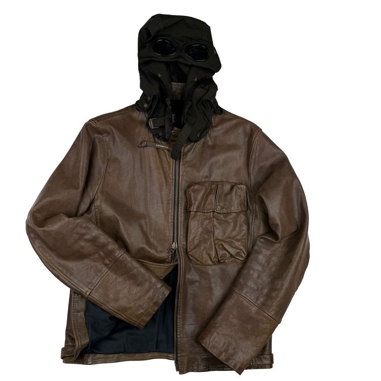 CP Company Brown Heavyweight Leather Goggle Biker Jacket - Large (50) imagen 11