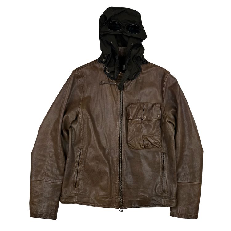CP Company Brown Heavyweight Leather Goggle Biker Jacket - Large (50) image 1