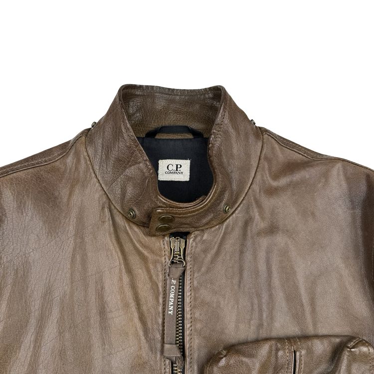 CP Company Brown Heavyweight Leather Goggle Biker Jacket - Large (50) imagen 9