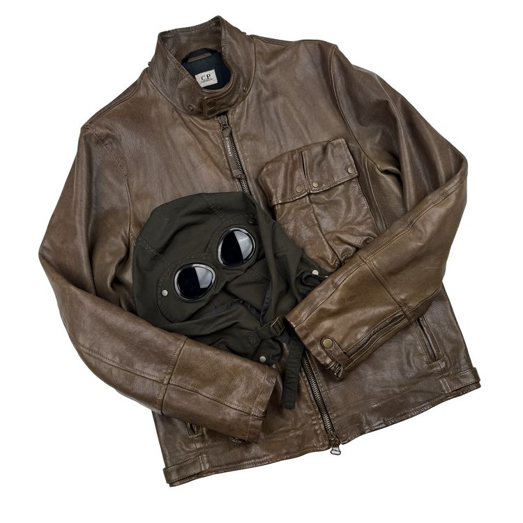 CP Company Brown Heavyweight Leather Goggle Biker Jacket - Large (50) imagen 3