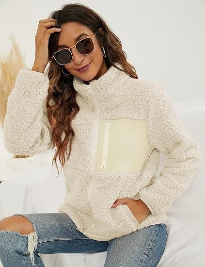 Cream Cream Sherpa Fleece Jacket With Zip Pocket product image