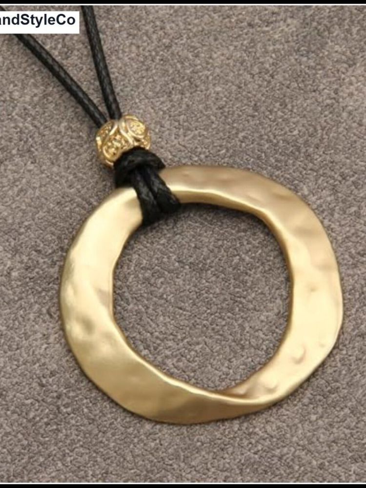 Gold-Tone Hammered Circle Pendant Necklace With Black Cord image 4