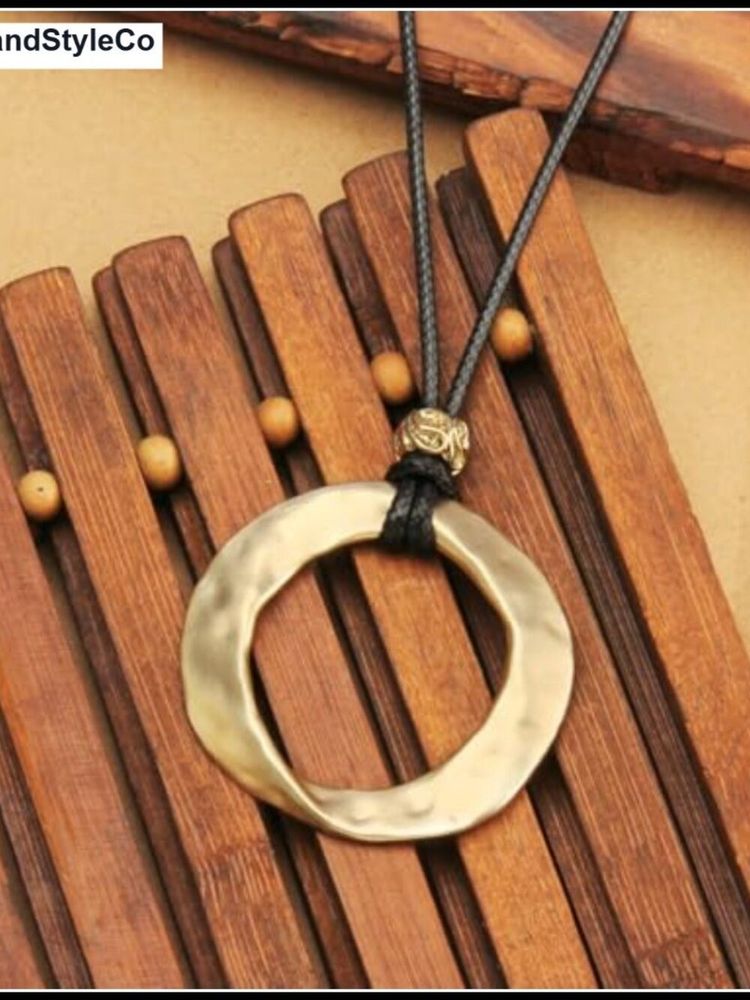 Gold-Tone Hammered Circle Pendant Necklace With Black Cord image 2