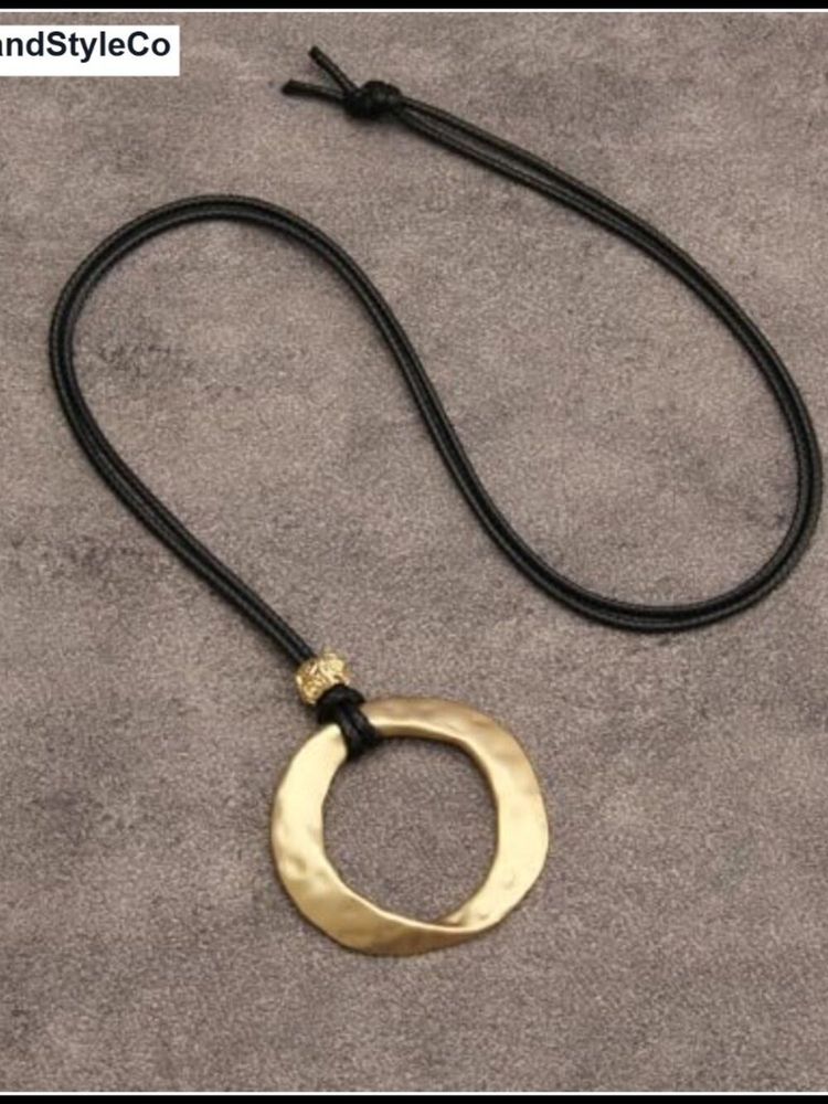 Gold-Tone Hammered Circle Pendant Necklace With Black Cord image 3