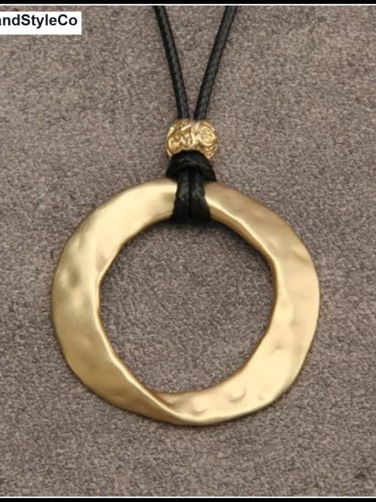 Gold-Tone Hammered Circle Pendant Necklace With Black Cord