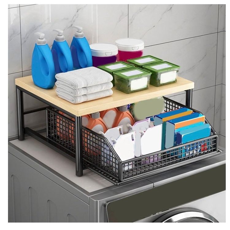 Metal And Wood Microwave Cart With Pull-Out Storage Basket image 3