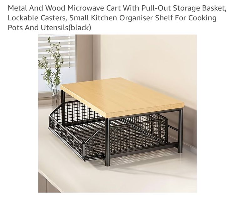 Metal And Wood Microwave Cart With Pull-Out Storage Basket image 1