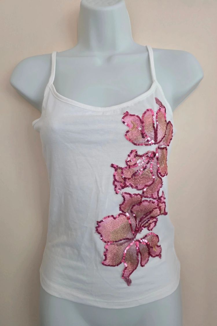 Shein White Pink Floral Sequin Embroidered Y2K- Inspired Cami Top (Size S / UK 8)
