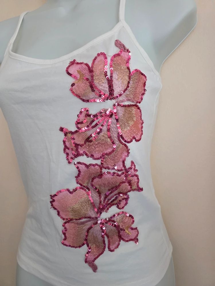 Shein White Pink Floral Sequin Embroidered Y2K- Inspired Cami Top (Size S / UK 8) image 2