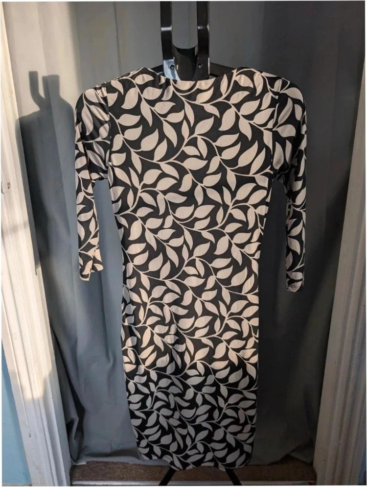 Laura Ashley Archive Black White Leaf Print Ruched Midi Dress UK 8 S image 5