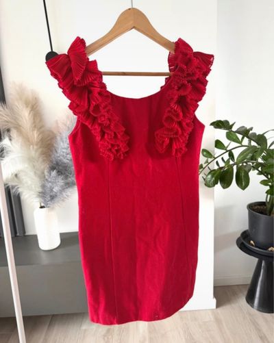 Red Dress With Ruffled Shoulder Details