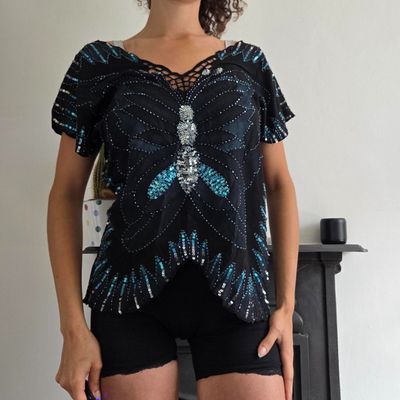 y2k black blue sequin butterfly top