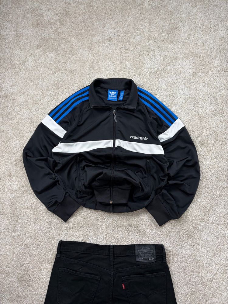 Adidas Black Track Jacket With Blue Stripes