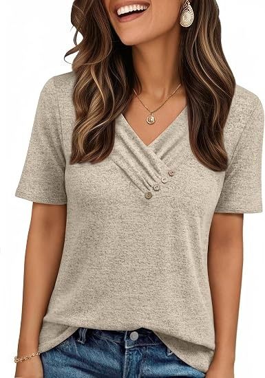 Beige Short Sleeve V-Neck Top With Button Detail image 1