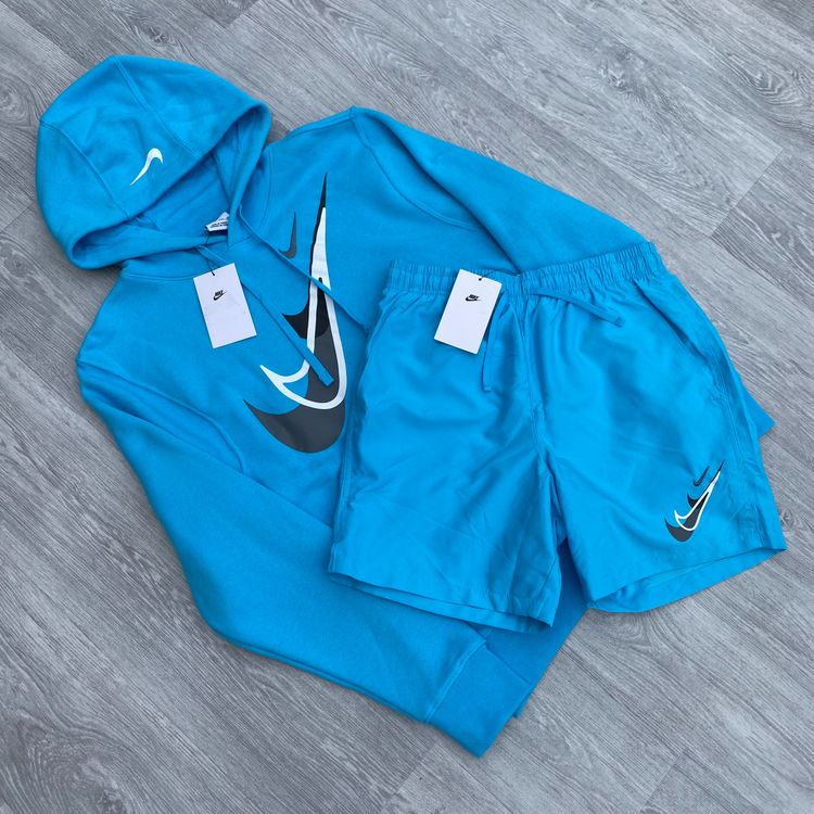 Nike Swoosh Fleece Cargo Full Tracksuit Hoodie Shorts Set - Baltic Blue