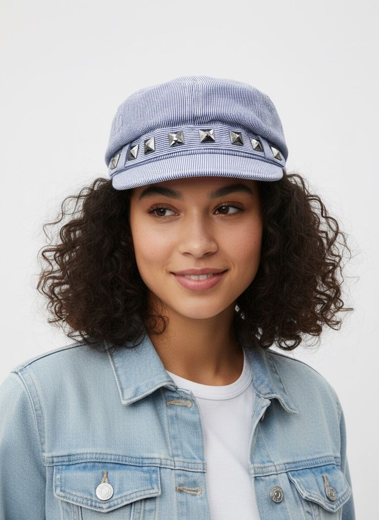 Blue Corduroy Cap With Metal Studs