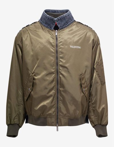 Valentino Khaki Nylon & Denim Bomber Jacket 1