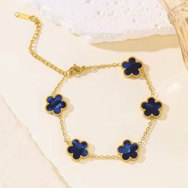 Gold Chain Bracelet With Blue Flower Charms image 1