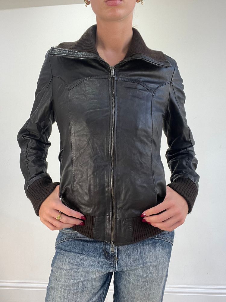 vintage edit sixteen | small brown faux leather dual zip jacket 1