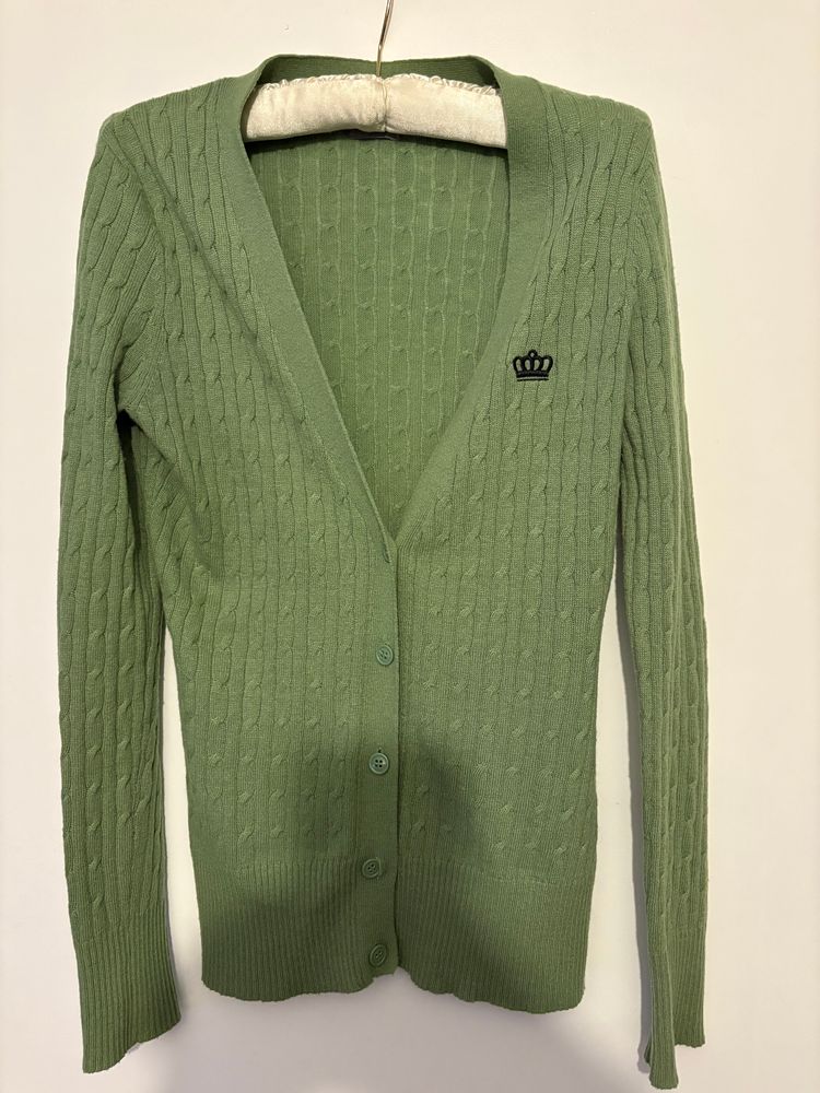 Arabella & Addison Arabella & Addison Green Cable Knit Cardigan With Crown Logo Angora Wool product image