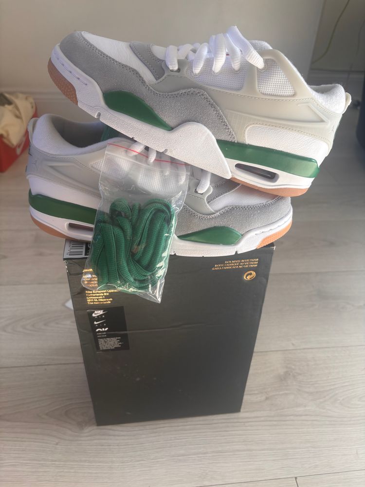 Jordan 4 RMS White And Grey Sneakers With Green Accents