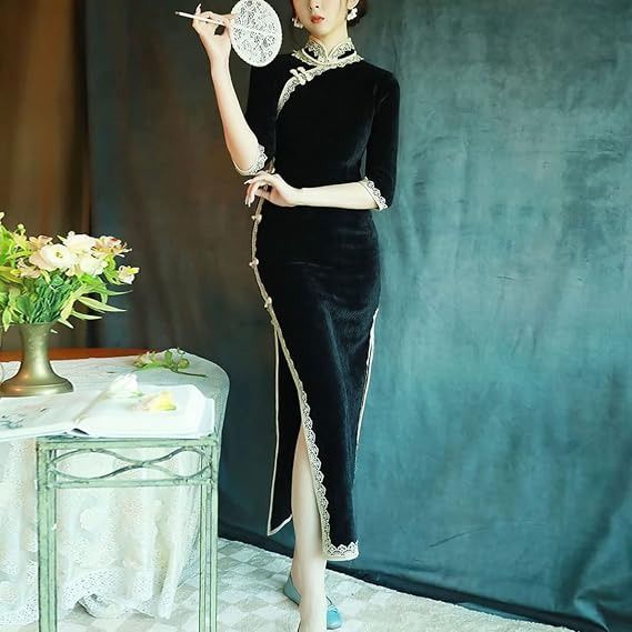 Black Velvet Cheongsam Dress With Lace Trim image 4