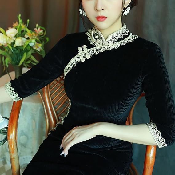 Black Velvet Cheongsam Dress With Lace Trim image 5