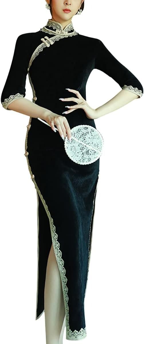 Black Velvet Cheongsam Dress With Lace Trim imagen 1