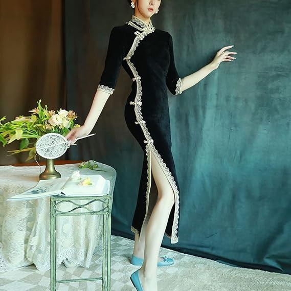 Black Velvet Cheongsam Dress With Lace Trim image 3
