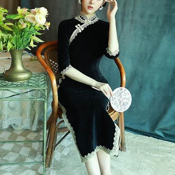 Black Velvet Cheongsam Dress With Lace Trim image 2