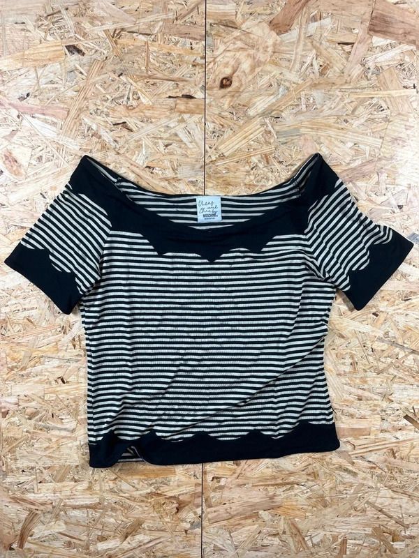 Moschino Olive Des Olive Striped Short Sleeve Top