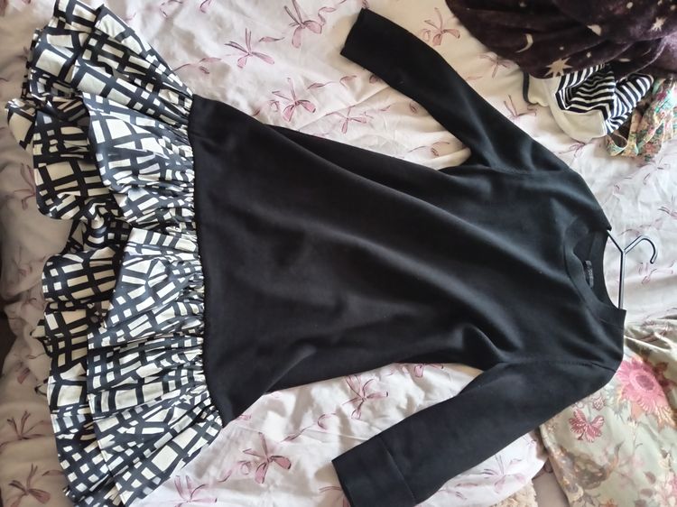Cos Black Dress With Patterned Ruffle Hem