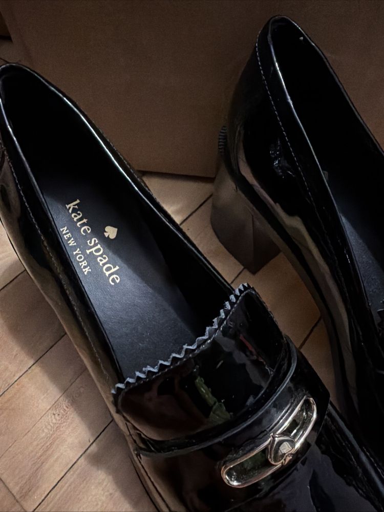 Kate Spade Hallie Heeled Loafer Black Patent Leather Block Heel Shoes Uk 5 £250 image 3