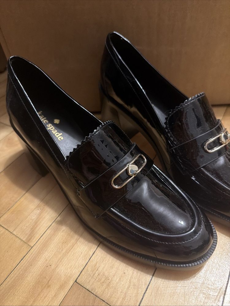 Kate Spade Hallie Heeled Loafer Black Patent Leather Block Heel Shoes Uk 5 £250 image 2
