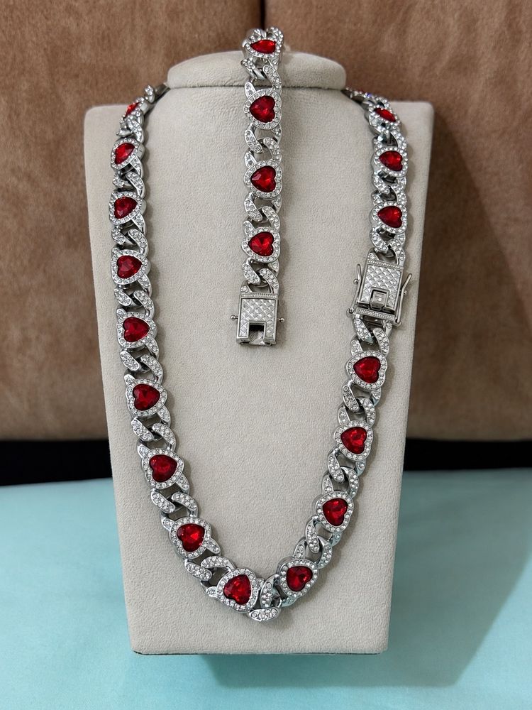 Other Silver Chain Necklace And Bracelet With Red Heart Stones product image