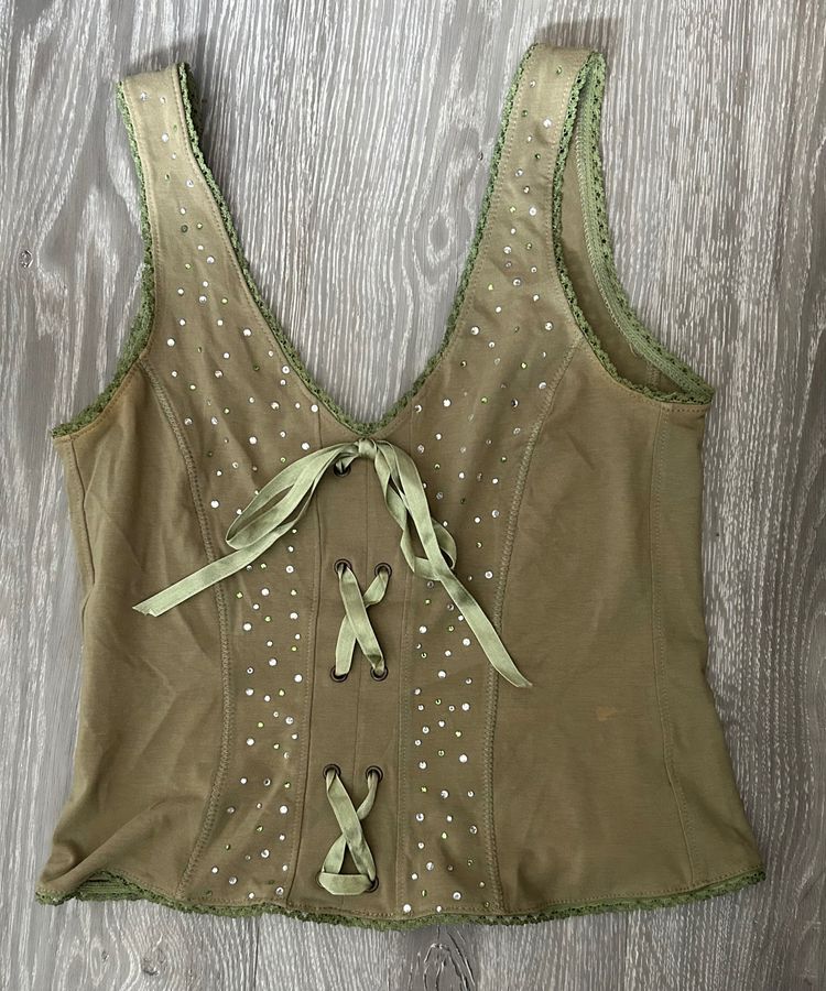 Other green sleeveless top with front ribbon and rhinestones product image