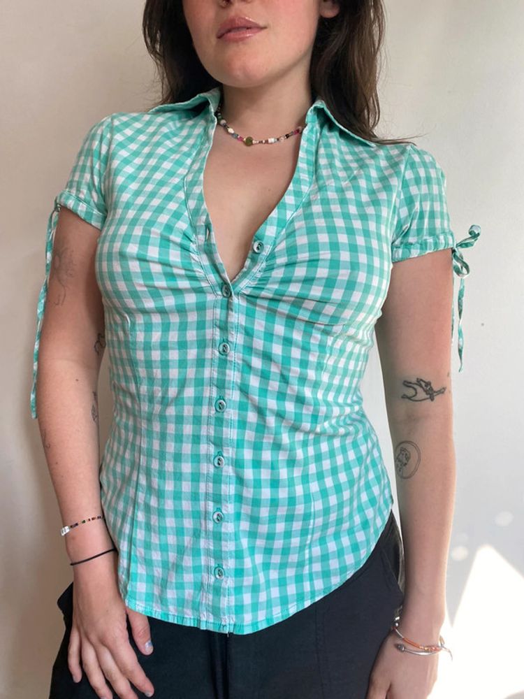 y2k. mint gingham short sleeve blouse