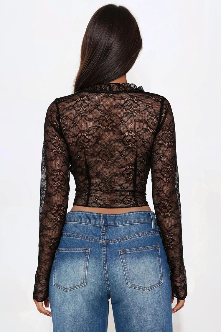 Black Lace Long Sleeve Crop Top imagen 2