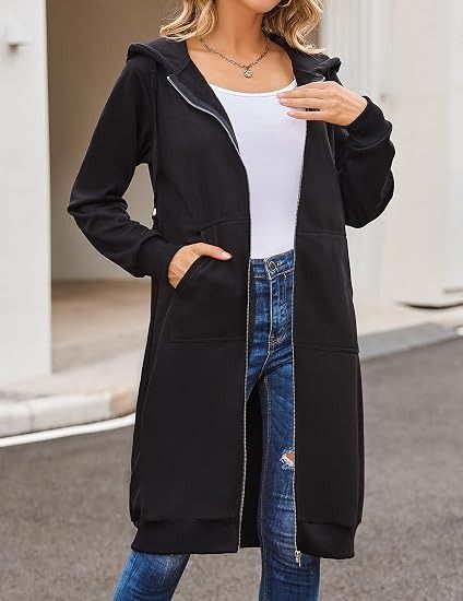 Black Long Zip-Up Hoodie Coat image 1