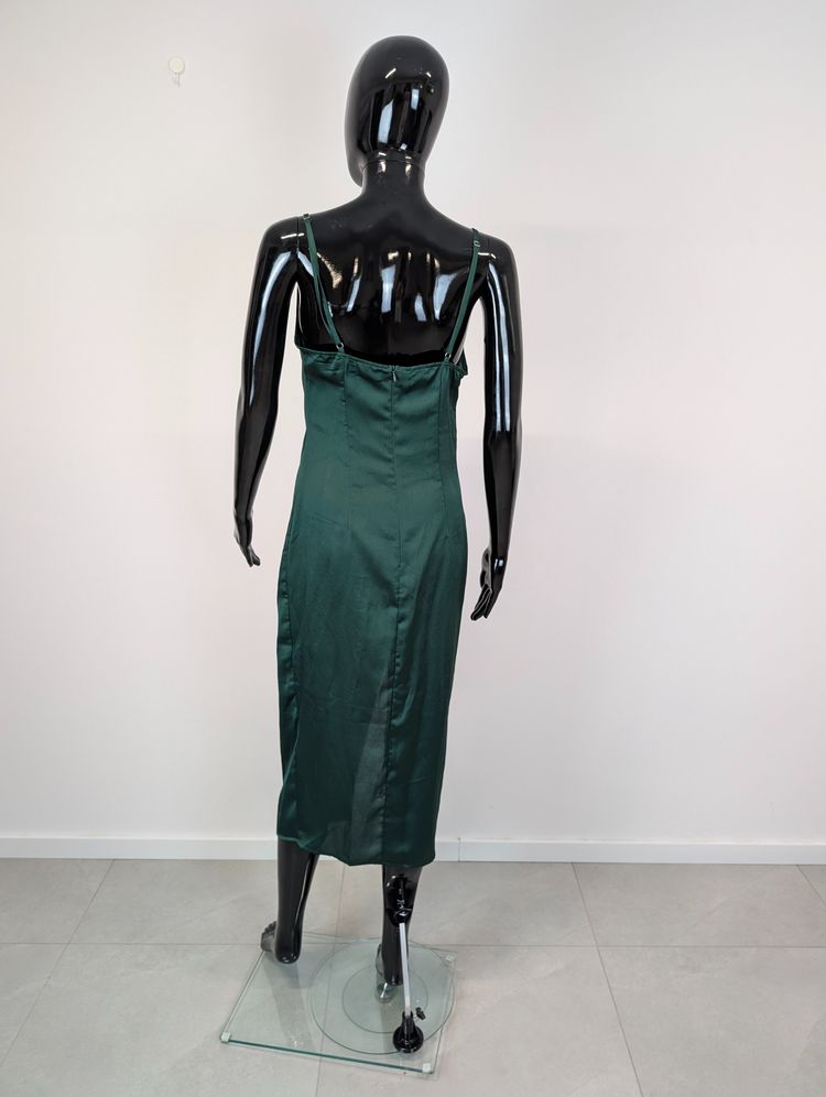 Szmaragdowa satynowa sukienka midi PrettyLittleThing S wesele cowl neck rozcięcie image 2