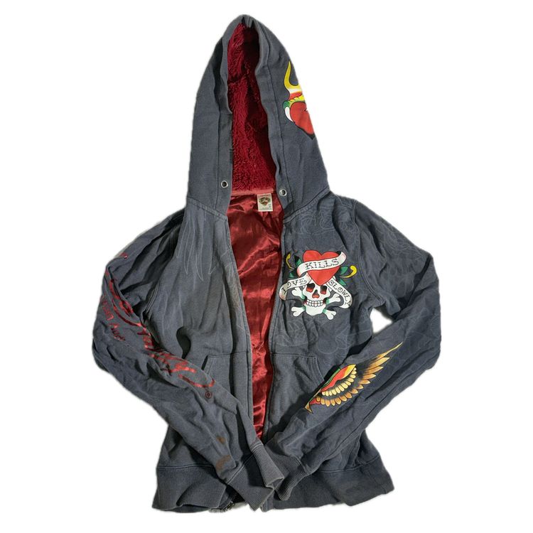 Ed hardy Hooded Zip-Up Jacket With Skull And Heart Graphics