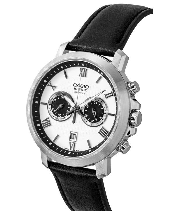 Casio Beside Chronograph Analog Leather Strap White Dial Quartz BMS-500L-7A Men's Watch obraz 3