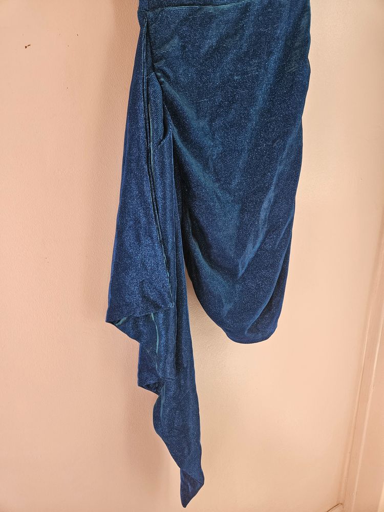 Blue Metallic Asymmetrical Prom PartyDress obraz 3