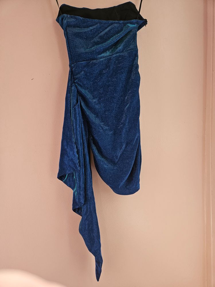 Blue Metallic Asymmetrical Prom PartyDress
