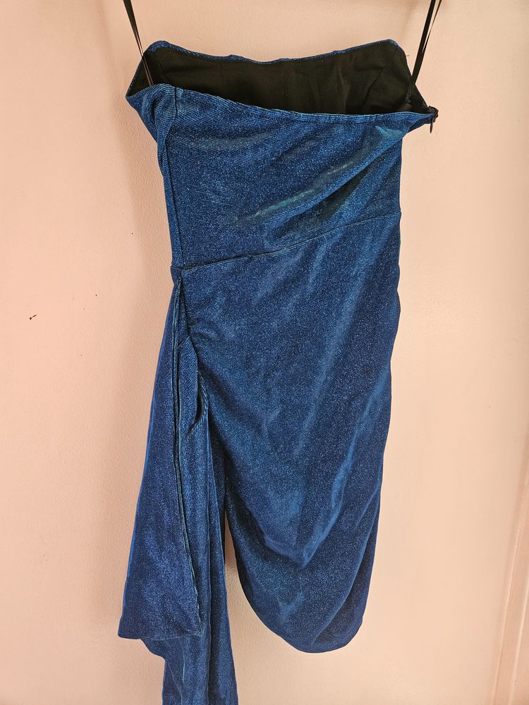Blue Metallic Asymmetrical Prom PartyDress obraz 4
